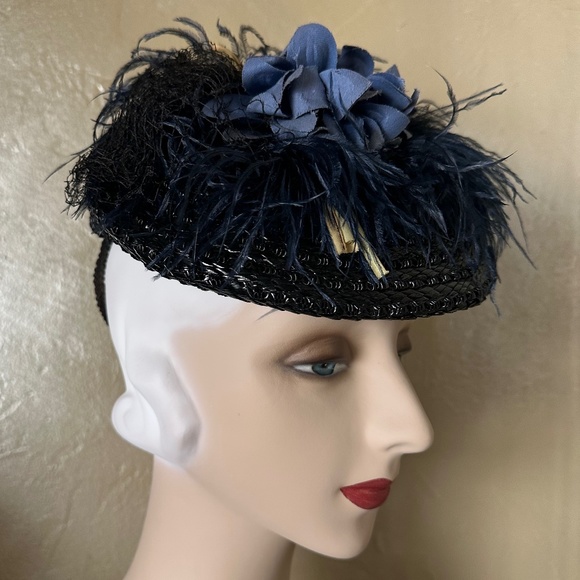 SULTRY 1930s\' BLACK STRAW TILT HAT - OSTRICH FEATHER TRIM + BLUE FABRIC FLOWERS main image 8